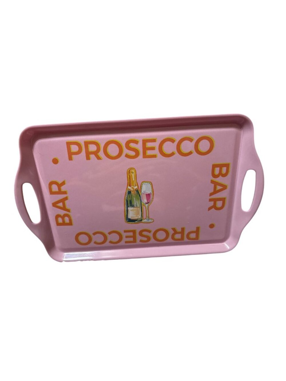 Prosecco Bar Pink Plastic Serving Tray With Handles - Fun Champagne Bottle & Gla